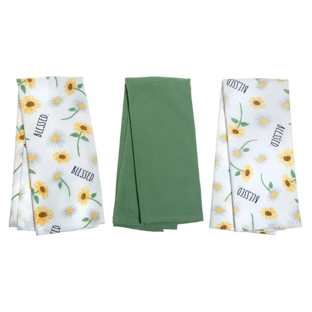 Rae Dunn Blessed Kitchen Towels Daisy Green Brown White Cotton 3-piece NEW